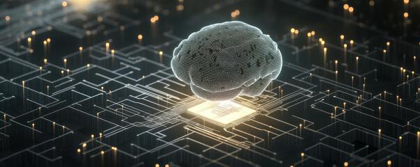 Poster - A computer chip with a brain on it. The brain is glowing and surrounded by a network of wires
