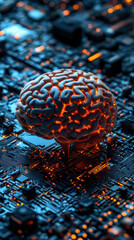 Poster - A brain is lit up on a computer chip. The brain is surrounded by a blue and orange background. The brain is glowing and he is alive
