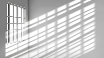 Fototapete - Abstract light reflection and grey shadow from window on white wall background, Gray window shadows and sunshine stripe overlay effect for backdrop and mockup design