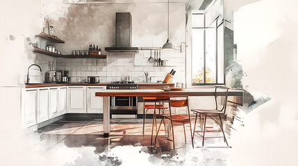 Poster - A stylish kitchen interior featuring modern furniture, blending a combination of photography and sketching