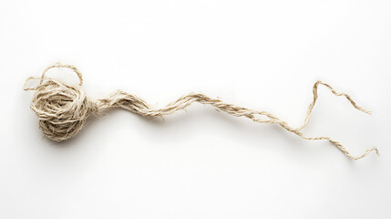 Poster - A frayed, twisted, and knotted piece of string lies on a white background, evoking a worn and melancholic tone, contributing to a somber mood