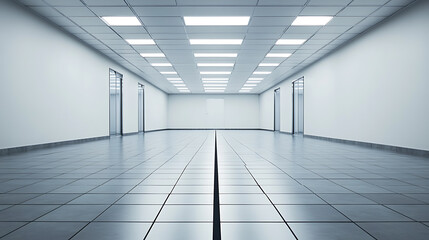 Poster - A gray tile floor with a black dividing line runs down the center, and the minimalistic design contributes to the scene's somber mood