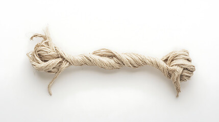Poster - A frayed, twisted, and knotted piece of string lies on a white background, evoking a worn and melancholic tone, contributing to a somber mood