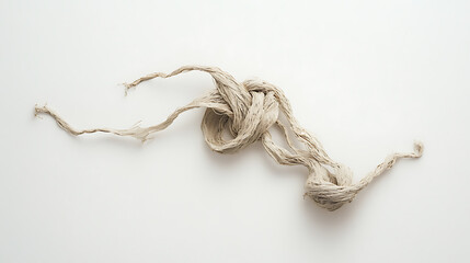 Poster - A frayed, twisted, and knotted piece of string lies on a white background, evoking a worn and melancholic tone, contributing to a somber mood