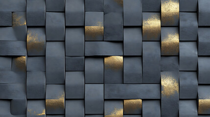 Fototapete - Seamless realistic texture showing gray 3D relief tiles arranged in a wicker pattern with golden highlights