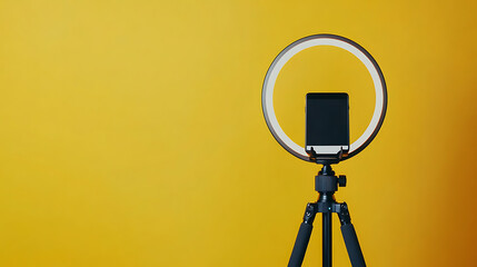 Poster - Modern tripod with a ring light and smartphone, set against a yellow background with space for text