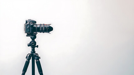 Poster - Modern camera mounted on a tripod against a white background, showcasing essential photographer's gear