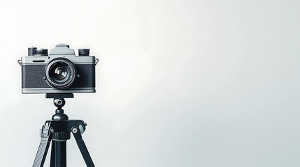 Poster - Modern camera mounted on a tripod against a white background, showcasing essential photographer's gear