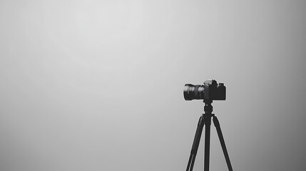 Poster - Modern camera mounted on a tripod against a white background, showcasing essential photographer's gear