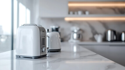 Poster - Contemporary kitchen appliances, including a toaster, on a white marble kitchen counter