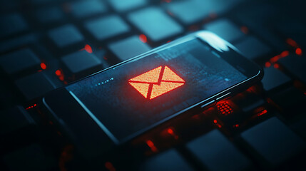 Poster - Concept of SMS spam and phishing through fake text messages, highlighting the dangers of scammers, A warning alert appears on a mobile phone screen, a system hack, email breach, or virus spread