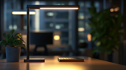 Poster - Close-up of a modern, stylish workspace with a table lamp, decor, and copy space for product mockups, set against a blurred, dark office background, 3D render, 3D illustration