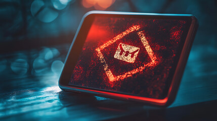 Poster - Concept of SMS spam and phishing through fake text messages, highlighting the dangers of scammers, A warning alert appears on a mobile phone screen, a system hack, email breach, or virus spread