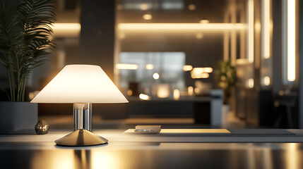 Poster - Close-up of a modern, stylish workspace with a table lamp, decor, and copy space for product mockups, set against a blurred, dark office background, 3D render, 3D illustration