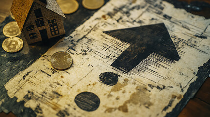 Aufkleber - An exclamation mark symbol displayed on a technical drawing, with a paper house and coins featured in the background