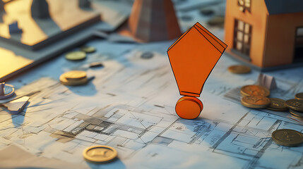 Aufkleber - An exclamation mark symbol displayed on a technical drawing, with a paper house and coins featured in the background
