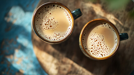 Aufkleber - A top-down view of Indian herbal Masala Chai, a traditional beverage made with milk and spices, perfect for boosting immunity during winter, presented in two cups