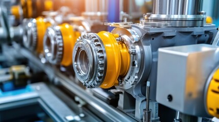 Poster - Close-up of Industrial Machinery with Yellow and Silver Components