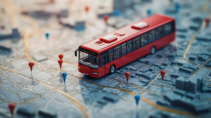 Aufkleber - A red bus along with pins and a route mapped across a city layout, relating to adventure, navigation, communication, logistics, and travel concepts