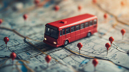 Aufkleber - A red bus along with pins and a route mapped across a city layout, relating to adventure, navigation, communication, logistics, and travel concepts