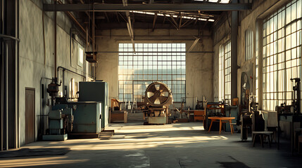 Poster - A large, spacious factory workshop is shown in this building
