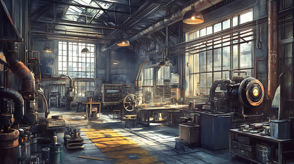 Aufkleber - A large, spacious factory workshop is shown in this building