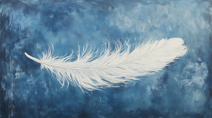 Aufkleber - A depiction of a single white feather gracefully falling against a blue background, highlighting the softness of floating feathers