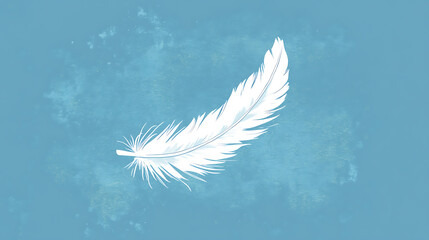 Aufkleber - A depiction of a single white feather gracefully falling against a blue background, highlighting the softness of floating feathers