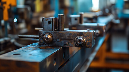 Aufkleber - A close-up of workpieces and a jig fixture using a manual quick clamp for electric MIG robotic welding in a factory setting