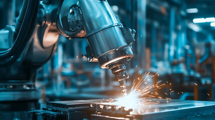 Aufkleber - A close-up of workpieces and a jig fixture using a manual quick clamp for electric MIG robotic welding in a factory setting