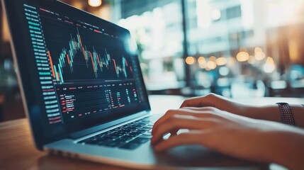 Poster - A Person's Hand Typing on a Laptop with Stock Market Data Displayed on the Screen