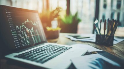 Poster - Laptop with Stock Market Data Display on a Desk