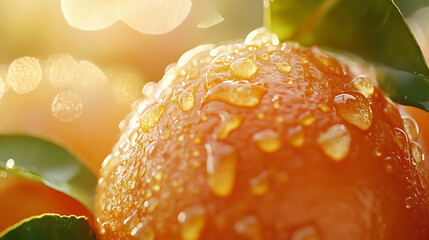 Poster - vibrant mandarin oranges with glossy peels and fresh green leaves artfully arranged macro detail of citrus texture dewdrops glistening in soft natural light