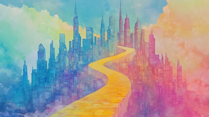Aufkleber - whimsical watercolor cityscape with a winding yellow brick road leading to a fantastical metropolis dreamy pastel sky floating buildings and ethereal light effects