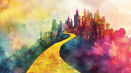 Aufkleber - whimsical watercolor cityscape with a winding yellow brick road leading to a fantastical metropolis dreamy pastel sky floating buildings and ethereal light effects