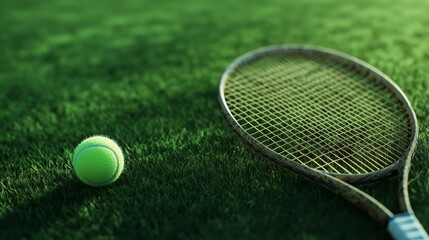 Poster - Tennis racket and ball lie on a vibrant green grass court, bathed in the warm glow of natural light, creating a serene and inviting scene of leisure and sport