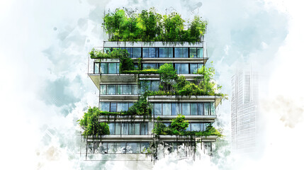 Poster - sustainable office building sketch with green roofs energyefficient windows and green facade ecofriendly architecture concept
