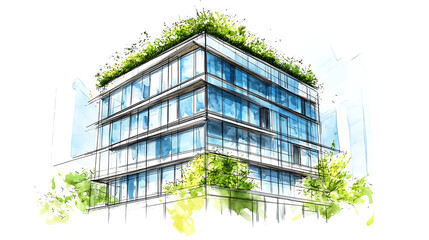 Leinwandbilder - sustainable office building sketch with green roofs energyefficient windows and green facade ecofriendly architecture concept