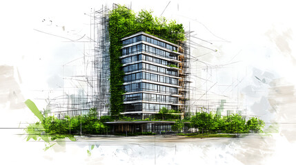Aufkleber - sustainable office building sketch with green roofs energyefficient windows and green facade ecofriendly architecture concept