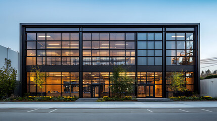 Poster - sleek modern warehouse office building exterior industrialchic design with clean lines and large windows metal and glass facade reflects surrounding environment