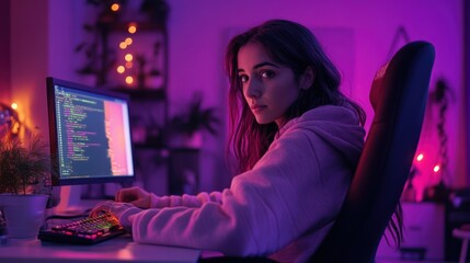 Poster - Young Woman Coding in a Purple Lit Room