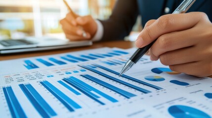 Poster - A Hand Holding a Pen Points to Blue Bar Graphs on a White Paper