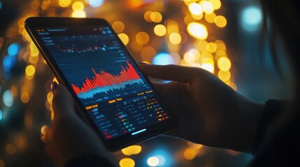 Poster - Person Holding Tablet with Stock Market Data and Bokeh Lights in Background