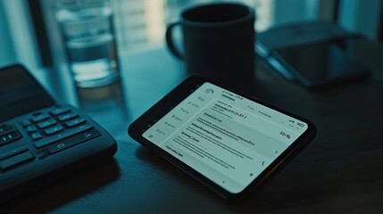 Poster - Smartphone Displaying a Mobile Banking Application on a Desk