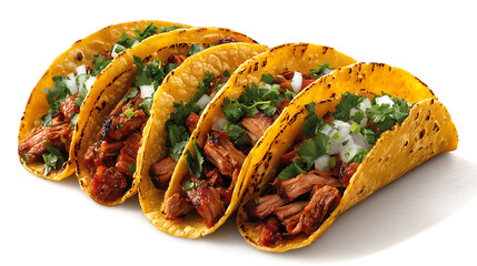 Poster - mouthwatering culinary art closeup of tacos al pastor vibrant ingredients textured meat fresh cilantro isolated on crisp white background