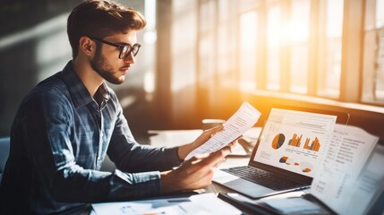 Poster - Businessman Analyzing Financial Data on Laptop and Paper Documents