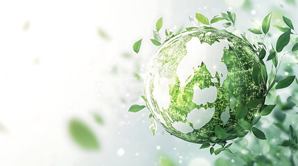 Poster - ecofriendly globe icon made of leaves and vines floating above a white background with soft shadows radiating a gentle green glow
