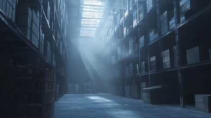 Poster - eerie abandoned warehouse interior bathed in shadows and cool tones towering shelves and empty spaces create an atmospheric scene with a hint of mystery and decay