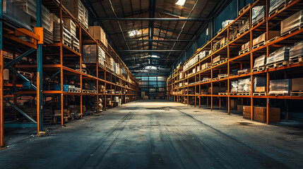 Poster - eerie abandoned warehouse interior bathed in shadows and cool tones towering shelves and empty spaces create an atmospheric scene with a hint of mystery and decay