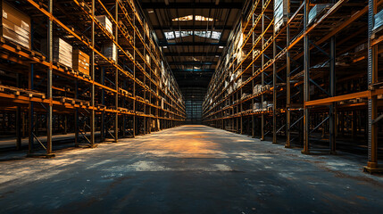 Aufkleber - eerie abandoned warehouse interior bathed in shadows and cool tones towering shelves and empty spaces create an atmospheric scene with a hint of mystery and decay